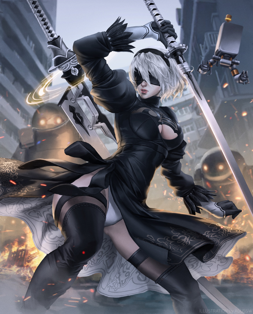 1girl agus_sw artist_name black_boots black_dress black_gloves black_hairband black_legwear black_ribbon blindfold boots breasts building cleavage cleavage_cutout covered_eyes cowboy_shot dress drone explosion floating gloves hairband hands_up highleg highleg_leotard highres holding holding_sword holding_weapon juliet_sleeves katana leotard lips long_sleeves machinery medium_breasts mole mole_under_mouth nier_(series) nier_automata nose outdoors parted_lips pink_lips pod_(nier_automata) puffy_sleeves ribbon robot short_dress short_hair side_slit silver_hair solo sword thigh-highs thigh_boots turtleneck vambraces weapon weapon_on_back white_hair white_leotard yorha_no._2_type_b