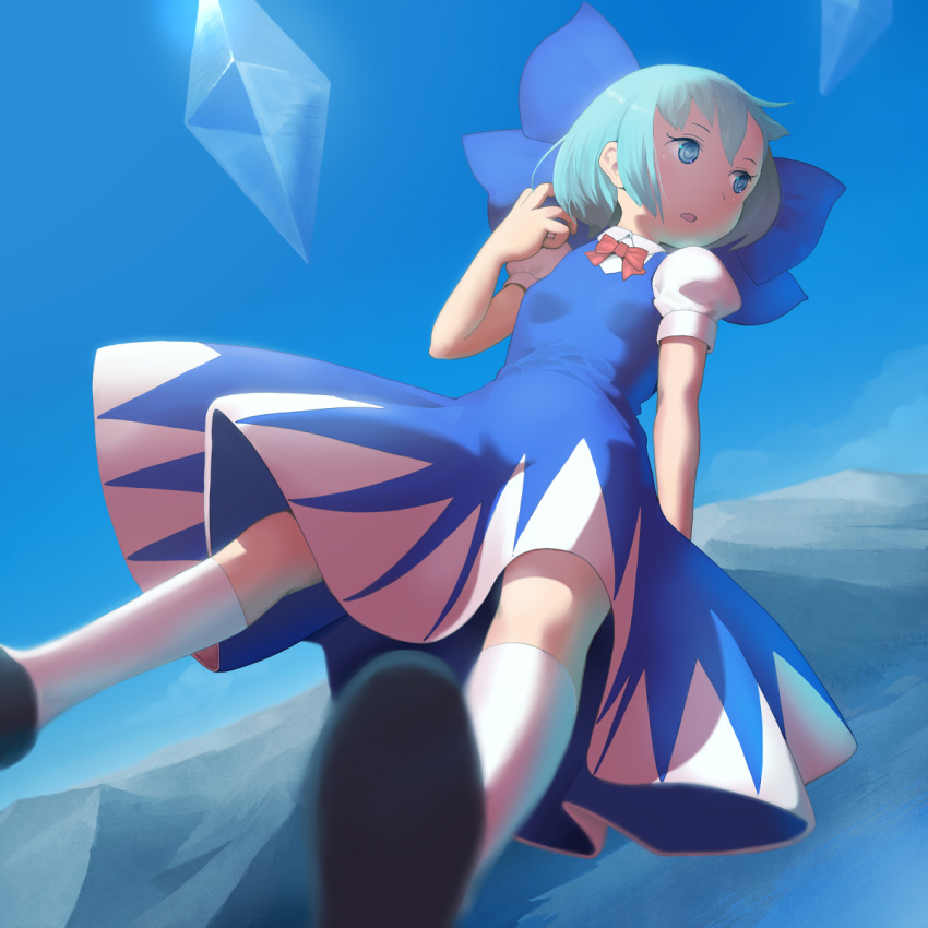 1girl blue_eyes blue_hair cirno depth_of_field detached_wings dress female foreshortening from_below hair_bow hasukawa_isaburou open_mouth outdoors puffy_short_sleeves puffy_sleeves short_hair short_sleeves solo touhou