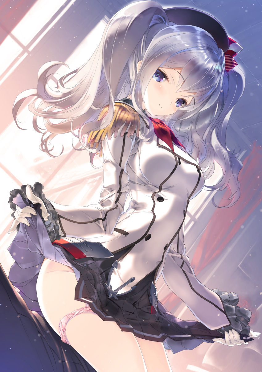 1girl absurdres beret black_skirt blue_eyes blush breasts epaulettes gloves hat highres kantai_collection kashima_(kantai_collection) kerchief lifted_by_self long_hair looking_at_viewer medium_breasts military military_uniform nakamura_takeshi panties panty_pull pink_panties silver_hair sitting skirt skirt_lift smile solo twintails underwear uniform white_gloves
