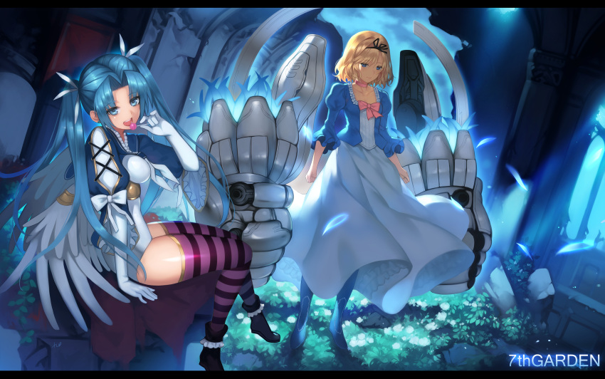 2girls 7th_garden absurdres arm_at_side bangs black_boots black_ribbon blonde_hair blue_boots blue_hair boots bow breasts candy closed_mouth cross-laced_clothes dress elizabeth_(7th_garden) eyebrows eyebrows_visible_through_hair feathers flat_chest gloves glowing hair_between_eyes hair_intakes hair_ribbon highres legs_crossed leil_(7th_garden) leotard letterboxed licking lollipop long_dress medium_breasts multiple_girls pink_bow plant puffy_sleeves purple_legwear ribbon rock ruins shiny shiny_clothes short_hair sitting sky striped striped_legwear thigh-highs twintails vines white_bow white_flower white_gloves white_wings wide_sleeves wings yykuaixian