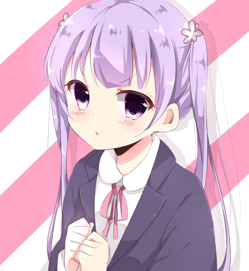 1girl close-up hair_ornament hands_together highres jacket kiyo_(yamazoe1122) long_hair looking_at_viewer neck_ribbon new_game! purple_hair ribbon shadow solo striped striped_background suzukaze_aoba twintails upper_body violet_eyes