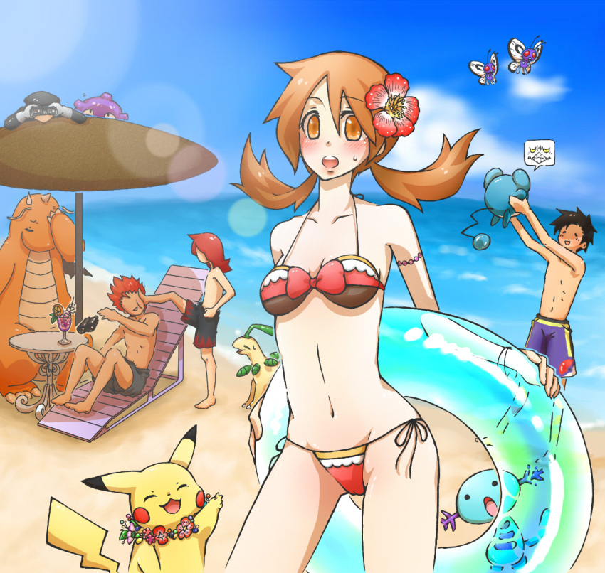 00s 1girl 4boys barefoot bayleef beach bikini black_hair blue_sky blush breasts brown_eyes brown_hair butterfree clouds collarbone creatures_(company) dragonite facepalm female_swimwear flower game_freak gold_(pokemon) hair_flower hair_ornament holding innertube jewelry koffing kotone_(pokemon) lens_flare looking_at_viewer male_swimwear marill midriff multiple_boys navel necklace nintendo ocean pikachu pokemon pokemon_(creature) pokemon_(game) pokemon_hgss sand short_hair shorts side-tie_bikini silver_(pokemon) sky small_breasts smile speech_bubble summer swim_trunks swimsuit team_rocket_grunt twintails wataru_(pokemon) water wooper