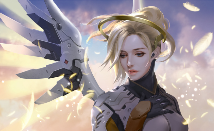 1girl bangs black_gloves blonde_hair blue_eyes bodysuit breast_suppress breasts clouds eyelashes feathers floating_hair gloves glowing glowing_wings high_ponytail large_breasts long_hair looking_away looking_down mechanical_halo mechanical_wings mercy_(overwatch) overwatch parted_lips sae_(revirth) sky solo upper_body wind wings