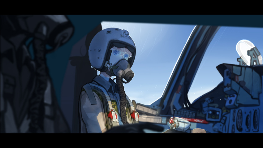 aircraft airplane androgynous blonde_hair blue_eyes blurry cockpit depth_of_field erica_(naze1940) gas_mask highres letterboxed military military_uniform original pilot russia short_hair solo_focus sukhoi_su-24 sunlight uniform