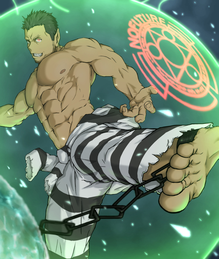 1boy abs barefoot brown_hair chains feet free male_focus muscle nipples pecs smile solo soul_eater tagme teeth toes topless