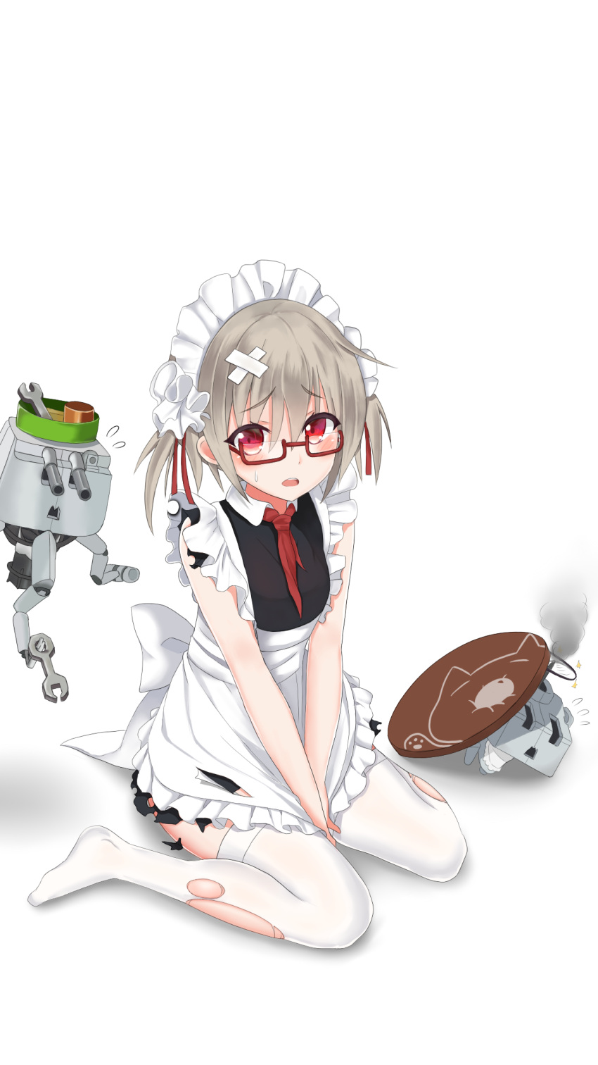 1girl apron bandage blush covering covering_crotch frills glasses grey_hair hibiki_(zhan_jian_shao_nyu) highres looking_at_viewer maid maid_apron maid_headdress necktie on_floor open_mouth red-framed_eyewear red_eyes sasya semi-rimless_glasses short_hair sitting solo sweatdrop thigh-highs torn_clothes torn_thighhighs two_side_up under-rim_glasses v_arms verniy_(zhan_jian_shao_nyu) wariza white_legwear wrench zhan_jian_shao_nyu