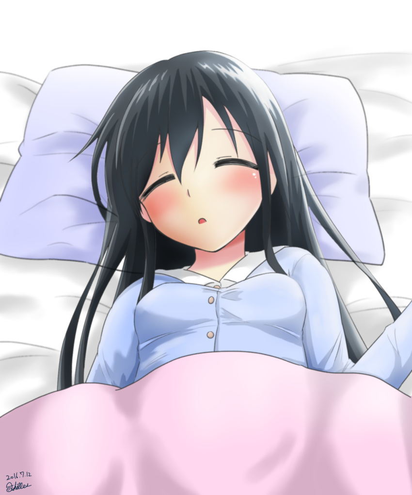 1girl achilles alternate_costume artist_name asashio_(kantai_collection) bed_sheet black_hair commentary_request dated highres kantai_collection long_hair lying md5_mismatch on_back on_bed pajamas parted_lips pillow sleeping solo under_covers