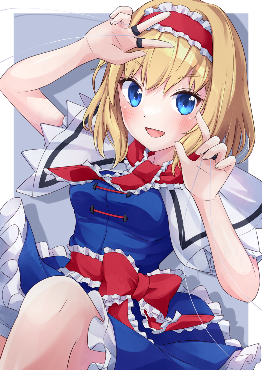 absurdres alice_margatroid ascot blonde_hair blue_bow blue_dress blue_eyes bow capelet dress frilled_ascot frills hair_bow hairband highres lolita_hairband puffy_short_sleeves puffy_sleeves ramie_(ramie541) red_hairband red_neckwear short_hair short_sleeves touhou