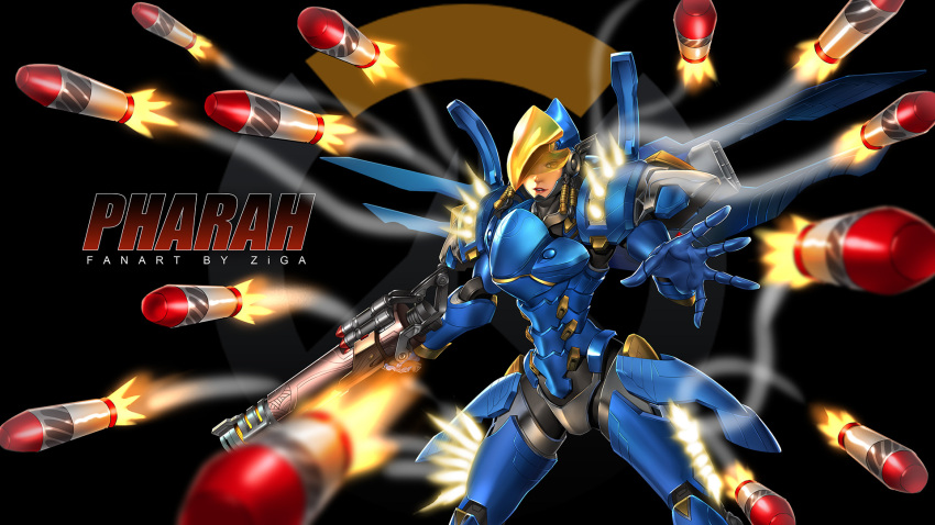 1girl armor artist_name black_background black_hair brown_eyes character_name dark_skin finger_on_trigger firing full_armor gauntlets glowing gun highres holding holding_gun holding_weapon legs_apart logo looking_at_viewer motion_blur one_eye_covered outstretched_arm overwatch parted_lips pharah_(overwatch) power_armor red_lips rocket smoke solo sunkilow visor wallpaper weapon