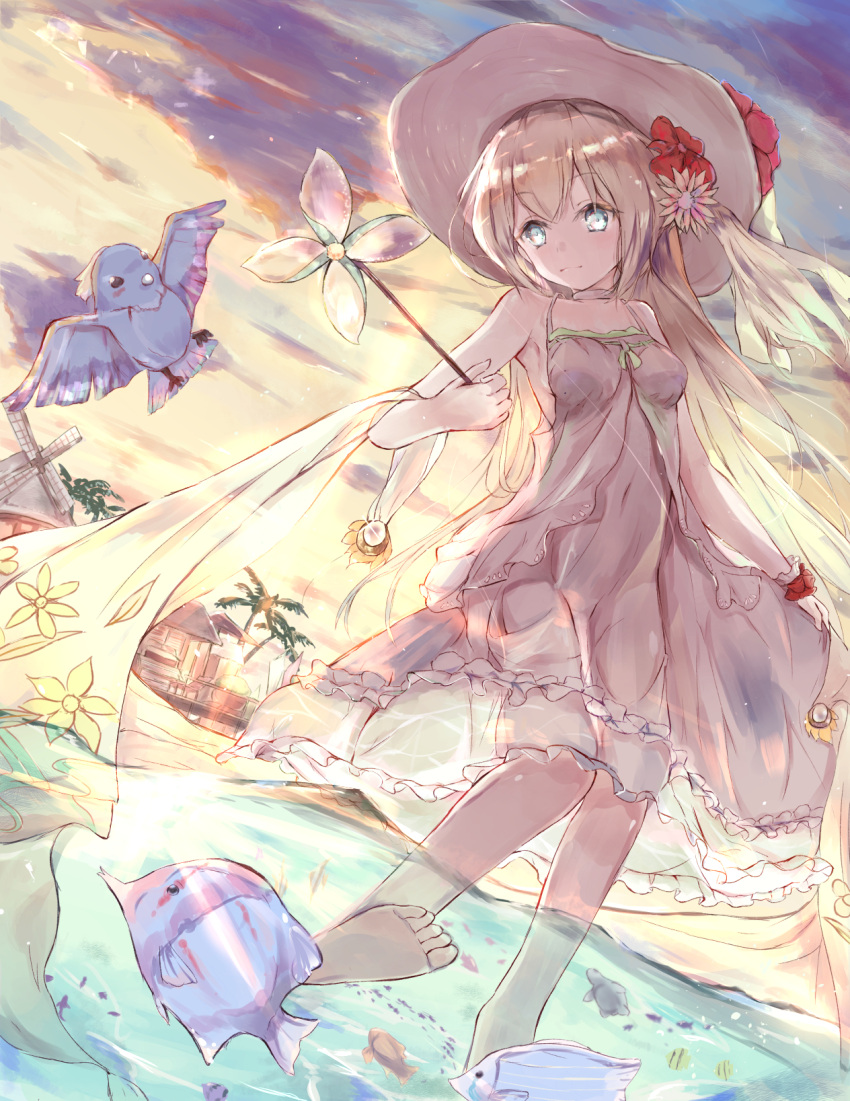 1girl animal azur_lane bangs bare_shoulders barefoot blue_eyes blush breasts closed_mouth clouds cloudy_sky commentary_request dress dutch_angle eyebrows_visible_through_hair fish fish_request flower hair_between_eyes hair_flower hair_ornament hanagin hat hat_flower highres holding house light_brown_hair long_hair outdoors partially_underwater_shot pinwheel red_flower sky sleeveless sleeveless_dress small_breasts smile soles solo standing standing_on_one_leg sun_hat sunset tanikaze_(azur_lane) very_long_hair water white_dress white_hat windmill wrist_cuffs yellow_flower