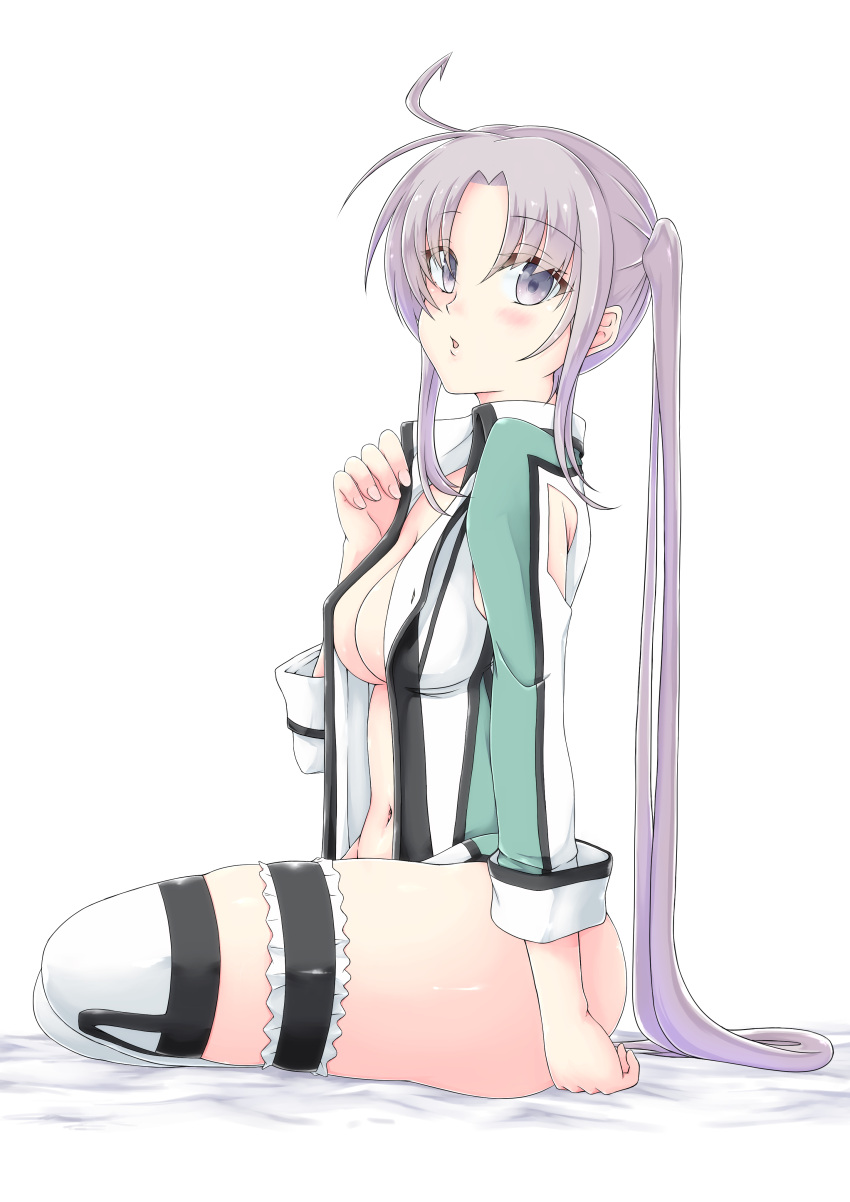 1girl absurdres ahoge akitsushima_(kantai_collection) arm_at_side blush breasts chestnut_mouth from_side hair_ornament highres jacket kantai_collection lips long_hair looking_at_viewer medium_breasts no_panties open_clothes open_jacket open_mouth purple_hair side_ponytail sitting skindentation thigh-highs thigh_strap thighs violet_eyes white_background white_legwear yuto_(tongu1231)
