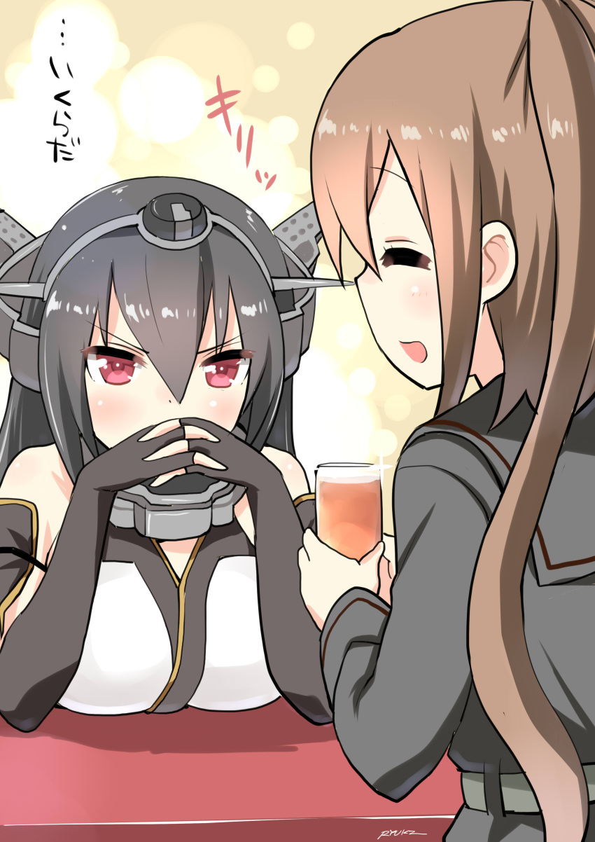 2girls absurdres artist_name bare_shoulders black_gloves black_hair black_serafuku breast_rest breasts brown_hair closed_eyes covered_mouth detached_sleeves elbow_gloves elbow_rest from_behind fumizuki_(kantai_collection) gendou_pose gloves hands_clasped headgear highres interlocked_fingers kantai_collection multiple_girls nagato_(kantai_collection) red_eyes ryuki_(ryukisukune) school_uniform serafuku serious signature table