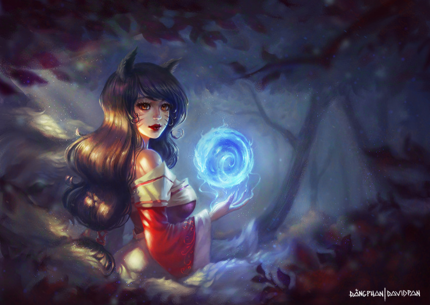 1girl ahri animal_ears bare_shoulders black_hair breasts brown_eyes david_pan detached_sleeves fingernails forest fox_ears fox_tail korean_clothes league_of_legends lips lipstick long_hair low-tied_long_hair makeup nature nose orb sharp_fingernails signature slit_pupils solo tail tied_hair whisker_markings