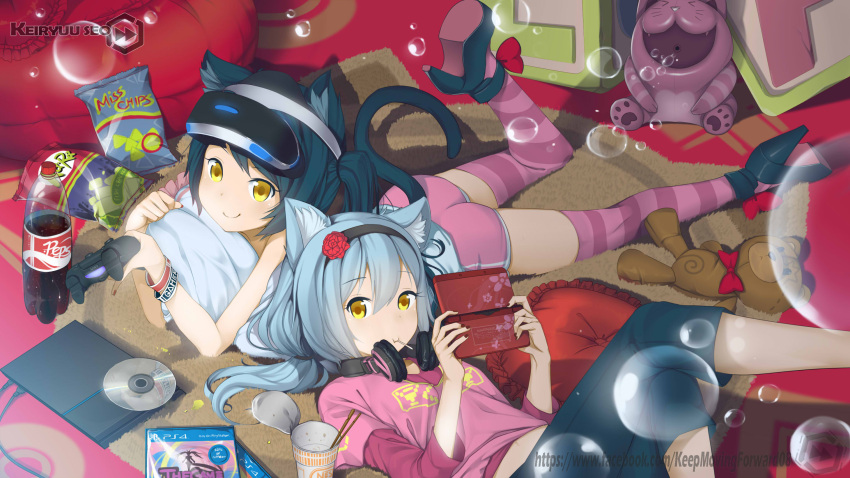2girls animal_ears artist_name ass bow bubbles cd child chips controller eating food game_console game_controller handheld_game_console headphones long_hair looking_at_viewer multiple_girls nintendo nintendo_3ds noodles paavuchi pepsi pillow playstation_4 ramen rug soda sony striped_legwear stuffed_animal tail v