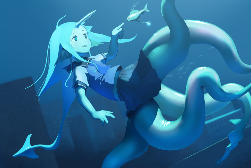 1girl blue_eyes blue_hair female fins fish hasukawa_isaburou head_fins horn monster_girl open_mouth original scylla skirt swimming tentacle underwater water