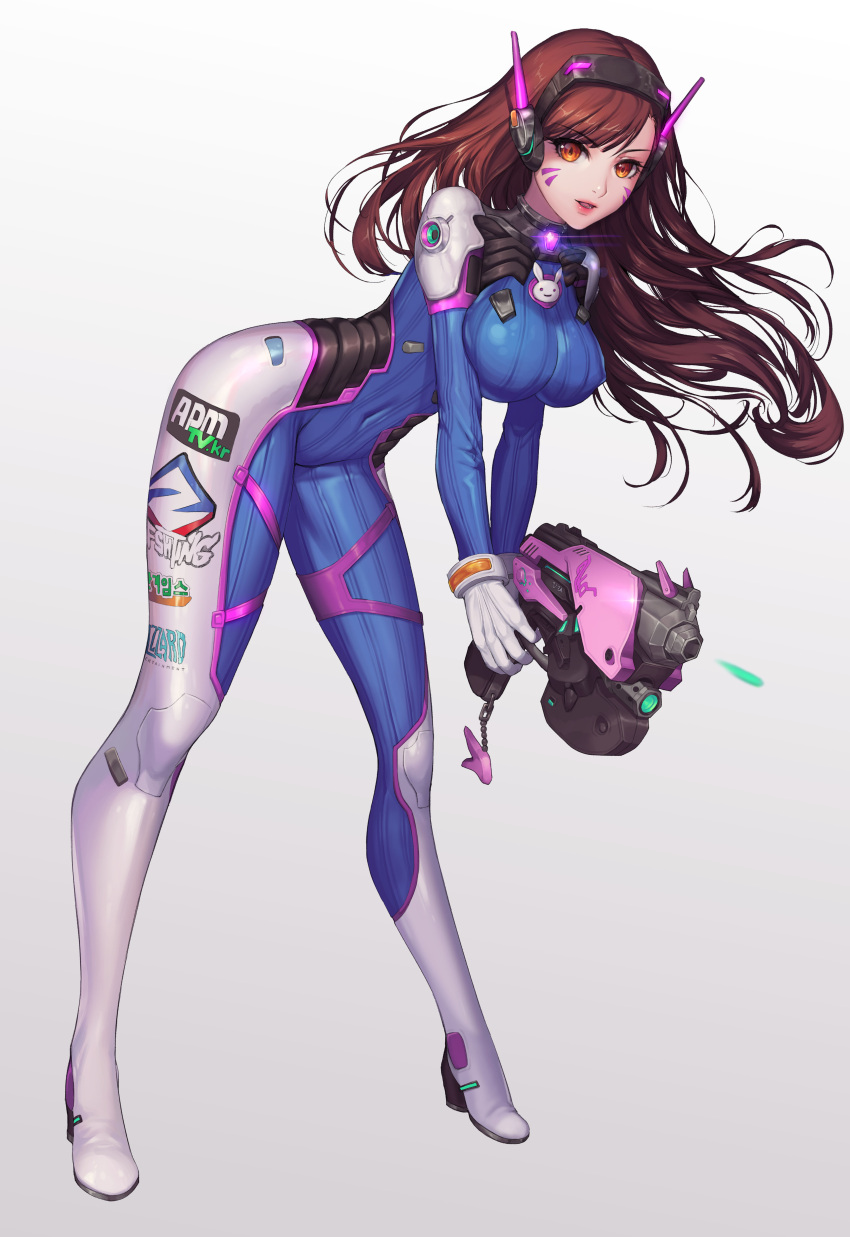1girl absurdres bangs bodysuit boots breasts brown_eyes brown_hair bunny_print clothes_writing covered_navel d.va_(overwatch) eyebrows eyebrows_visible_through_hair eyelashes finger_on_trigger firing floating_hair full_body gloves gun handgun hayanpool headphones highres holding holding_gun holding_weapon large_breasts leaning_forward legs_apart lens_flare long_hair long_sleeves looking_at_viewer motion_blur overwatch parted_lips pauldrons pilot_suit red_lips skin_tight solo standing swept_bangs thigh_strap v_arms weapon whisker_markings white_boots white_gloves white_legwear
