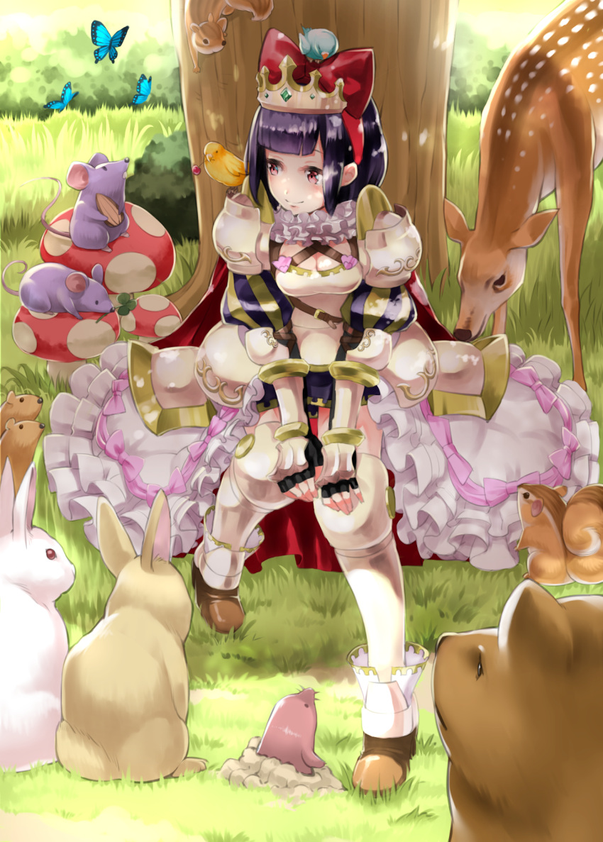 1girl animal animal_on_head animal_on_shoulder armor bangs bear bird bird_on_head bird_on_shoulder black_hair blunt_bangs blush boots bow breasts butterfly cherry chipmunk cleavage closed_mouth clover_(flower) deer flower food fruit full_body gem grass hair_bow hand_on_own_knee highres holding mole mouse mouth_hold mushroom original outdoors pink_eyes rabbit red_bow red_eyes rin2008 seed sitting skirt smile squirrel tiara tree