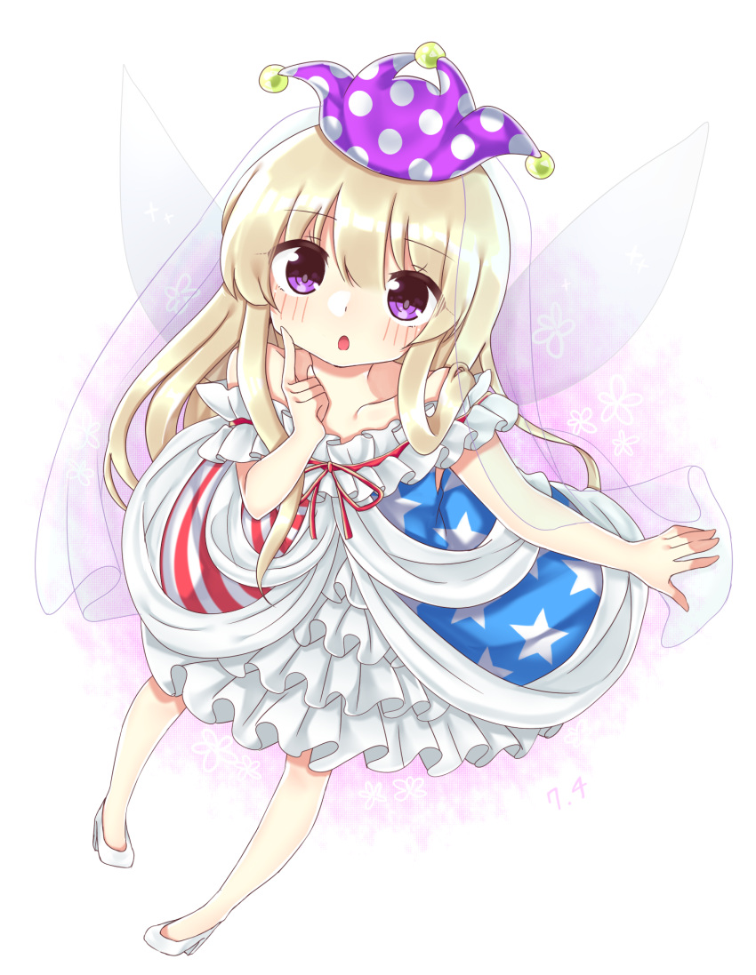 1girl adapted_costume alternate_costume american_flag_dress blush chestnut_mouth cheunes clownpiece dated dress fairy_wings floral_background full_body hat high_heels highres index_finger_raised jester_cap long_hair looking_at_viewer off-shoulder_dress off_shoulder ribbon shiny shiny_hair shoes solo touhou transparent_wings very_long_hair violet_eyes white_dress white_shoes wings