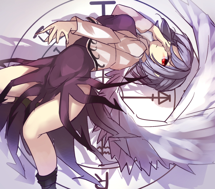 1girl angel_wings bare_legs breasts dress feathered_wings floating from_side full_body hand_on_own_face hips jacket janne_cherry kishin_sagume long_sleeves looking_at_viewer medium_breasts open_clothes open_jacket outstretched_arm pose purple_skirt red_eyes serious short_dress short_hair single_wing skirt solo touhou white_hair white_jacket wings