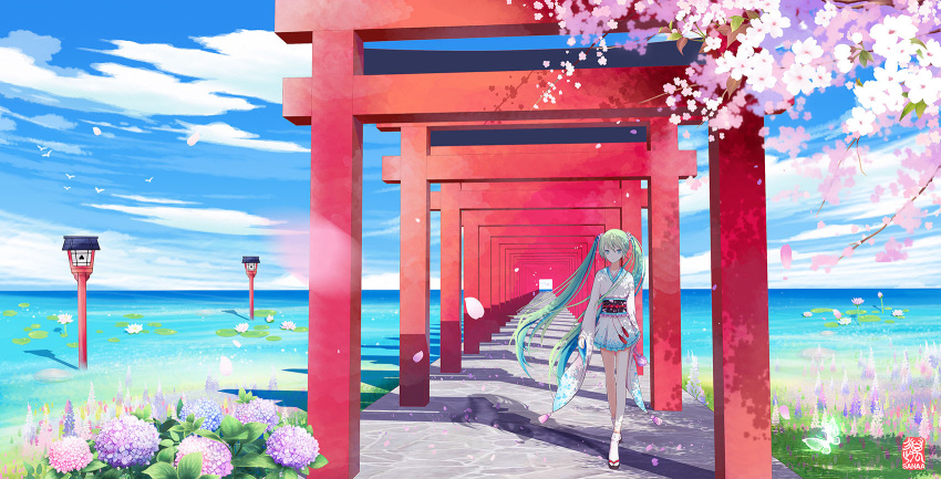 1girl artist_name bangs bare_legs cherry_blossoms clouds expressionless flower green_eyes green_hair hatsune_miku highres horizon hydrangea japanese_clothes kimono kimono_skirt lantern lily_pad long_hair long_sleeves looking_at_viewer obi outdoors path petals road sanaa sandals sash scenery shadow sky solo sunlight tabi tassel torii twintails very_long_hair vocaloid walking water white_legwear wide_sleeves
