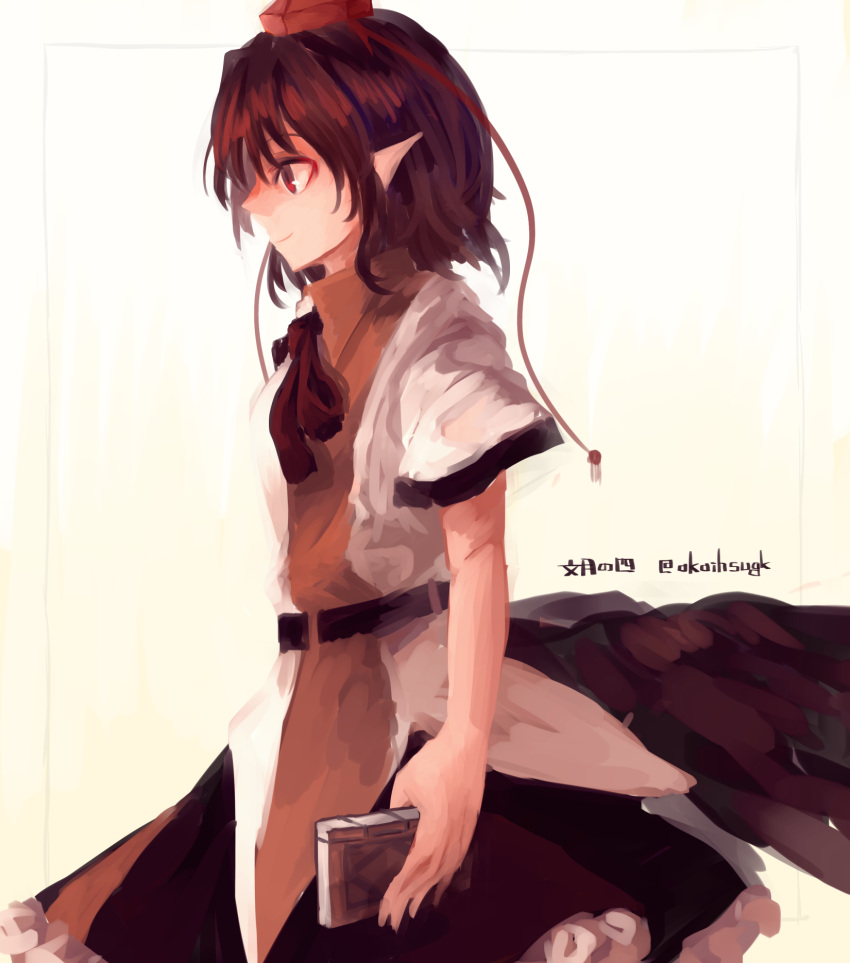 1girl akaiha_(akaihagusk) black_skirt black_wings breasts brown_hair feathered_wings frame frilled_skirt frills highres low_wings notebook pointy_ears profile red_eyes ribbon shameimaru_aya shiny shiny_hair shirt short_hair short_sleeves simple_background skirt small_breasts smile solo touhou twitter_username wavy_hair white_background white_shirt wings