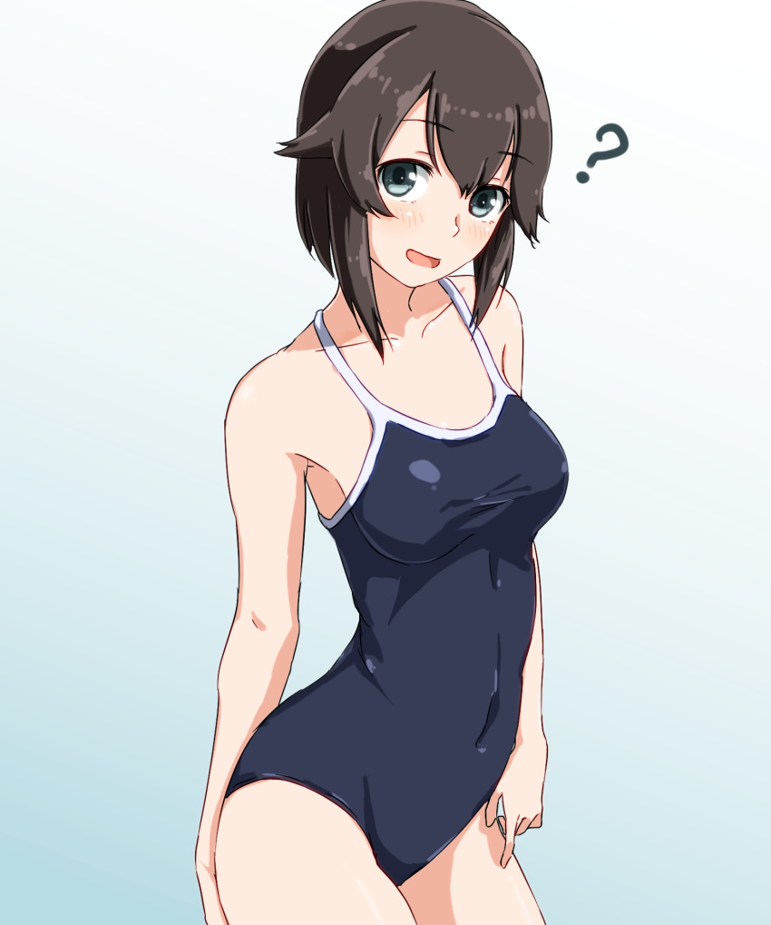 1girl ? alternate_costume ame-rain arm_behind_back bangs bare_arms bare_shoulders black_hair blue_eyes blush breasts collarbone commentary_request competition_school_swimsuit cowboy_shot eyebrows eyebrows_visible_through_hair gradient gradient_background hair_flaps hayasui_(kantai_collection) highres kantai_collection medium_breasts no_bra school_swimsuit short_hair simple_background solo swimsuit