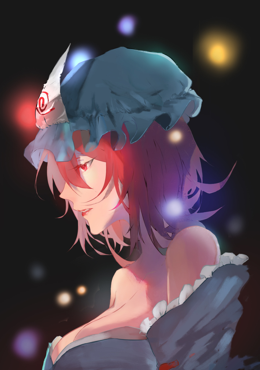 1girl absurdres adapted_costume bangs bare_shoulders black_background breasts cleavage eyelashes frilled_sleeves frills half-closed_eyes hat highres light light_particles lipstick makeup messy_hair mob_cap oh parted_lips pink_eyes pink_hair profile red_lips red_pupils saigyouji_yuyuko short_hair solo teeth touhou triangular_headpiece
