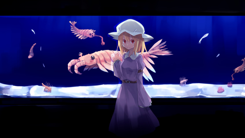 1girl anomalocaris blush dress hat highres long_hair looking_at_viewer maribel_hearn mob_cap purple_dress red_eyes shiroshi_(denpa_eshidan) sleeves_past_wrists smile solo touhou