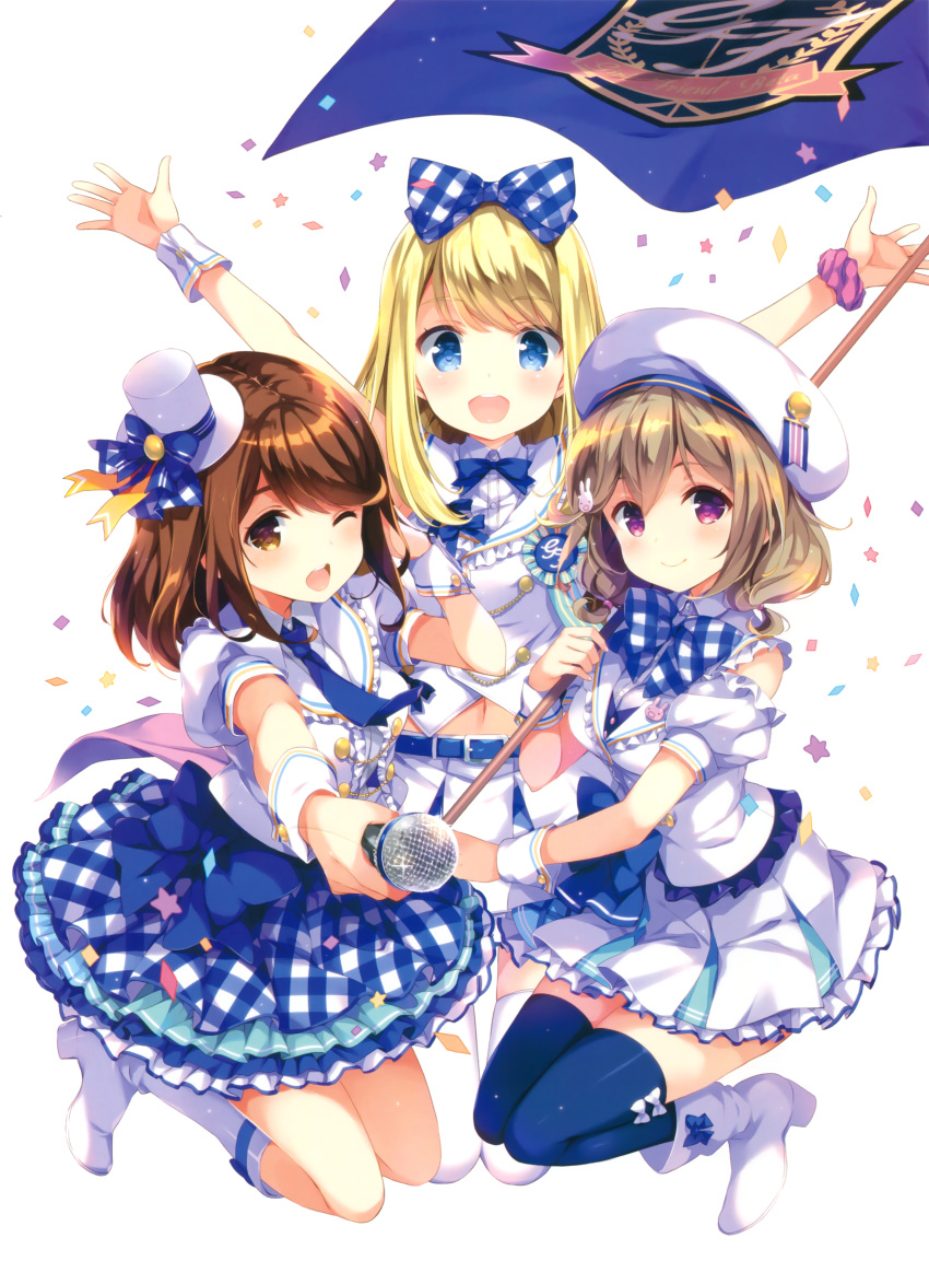 3girls :d ;d absurdres arms_up bangs belt beret blonde_hair blue_bow blue_bowtie blue_eyes blue_legwear blue_necktie blush boots bow bowtie breasts brown_eyes brown_hair bunny_hair_ornament chloe_lemaire closed_mouth collared_shirt detached_sleeves emblem flag full_body girlfriend_(kari) hair_bow hair_ornament hat head_tilt high_heels highres holding_microphone kazemachi_haruka knee_boots looking_at_viewer microphone midriff mini_hat mini_top_hat multiple_girls navel necktie official_art one_eye_closed open_mouth outstretched_arm outstretched_arms pink_eyes plaid plaid_bow plaid_skirt pleated_skirt puffy_short_sleeves puffy_sleeves qp:flapper sailor_collar scan scrunchie shiina_kokomi shirt short_sleeves skirt sleeveless sleeveless_shirt smile swept_bangs thigh-highs top_hat white_boots white_bow white_hat white_shirt white_skirt wing_collar wrist_cuffs