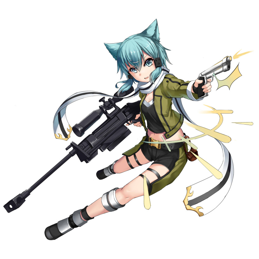 /\/\/\ 1girl 463_jun animal_ears anti-materiel_rifle aqua_eyes aqua_hair bag bangs belt belt_buckle belt_pouch black_gloves black_shorts boots breasts buckle cat_ears crop_top eyebrows eyebrows_visible_through_hair eyelashes finger_on_trigger fingerless_gloves firing full_body gloves green_jacket gun hair_between_eyes hair_ornament hairclip handgun highres holding holding_gun holding_weapon jacket kemonomimi_mode legs_apart looking_at_viewer midriff muzzle_flash navel open_clothes open_jacket outstretched_arm parted_lips pgm_hecate_ii rifle scarf shinon_(sao) short_hair short_shorts shorts sidelocks simple_background small_breasts sniper_rifle solo stomach sword_art_online thigh_strap trigger_discipline weapon white_background