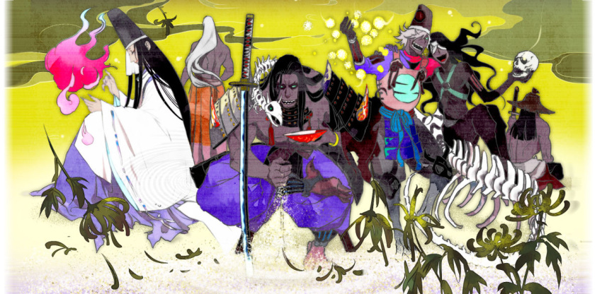 6+boys armor black_hair black_sclera clouds enemy_naginata enemy_ootachi enemy_tachi enemy_uchigatana enemy_wakizashi enemy_yari flower green_background green_eyes hakama hat historical_revisionist hotaka_ran japanese_armor japanese_clothes long_hair male_focus mokoinu multiple_boys sakazuki shirtless skeleton skull spider_lily tate_eboshi topless touken_ranbu white_hair