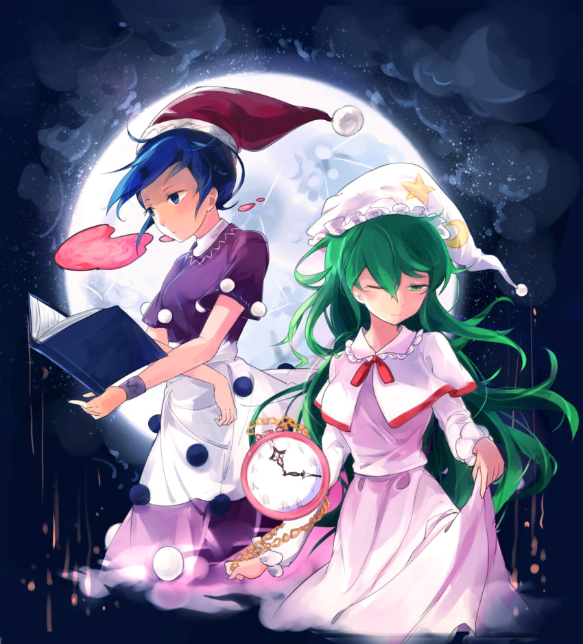 2girls backlighting blob blue_eyes blue_hair book bracelet breasts capelet clouds doremy_sweet dress expressionless eyes_visible_through_hair full_moon green_hair half-closed_eye hat highres jewelry kazami_yuuka kazami_yuuka_(pc-98) light_trail long_hair long_skirt long_sleeves looking_down moon moon_print moonlight multicolored_dress multiple_girls night_clothes nightcap one_eye_closed open_book pink_shirt pink_skirt purple_dress reading shirt short_hair short_sleeves skirt skirt_lift star star_print touhou touhou_(pc-98) very_long_hair white_dress wind yorktown_cv-5