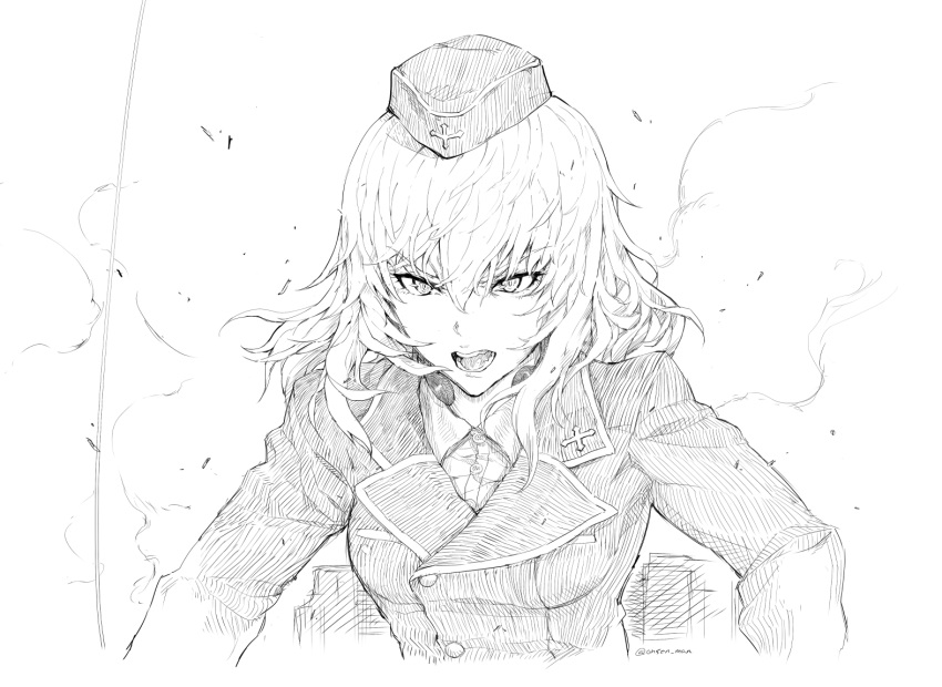 1girl dust_cloud garrison_cap girls_und_panzer greyscale hat itsumi_erika jacket long_hair monochrome onsen_man solo uniform
