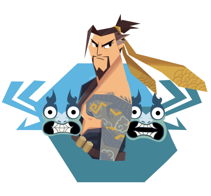 1boy aku artist_name beard facial_hair hanzo_(overwatch) high_ponytail male_focus miova nipples overwatch parody ponytail samurai_jack seigaiha style_parody tattoo