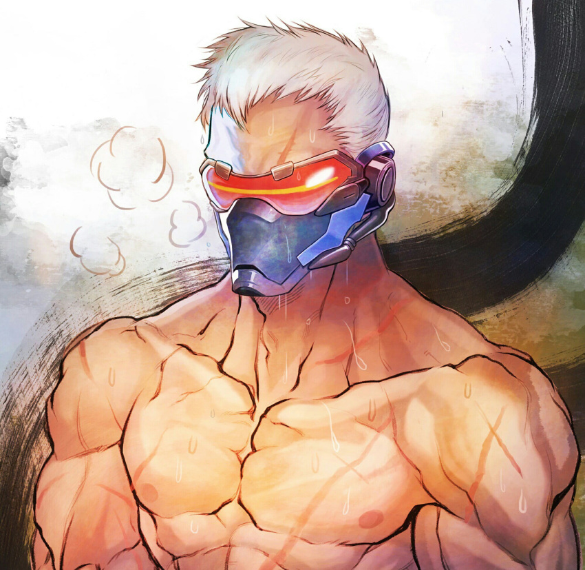 1boy abs male_focus mask muscle nipples overwatch pecs scar silver_hair soldier:_76_(overwatch) solo steam sweat tagme topless