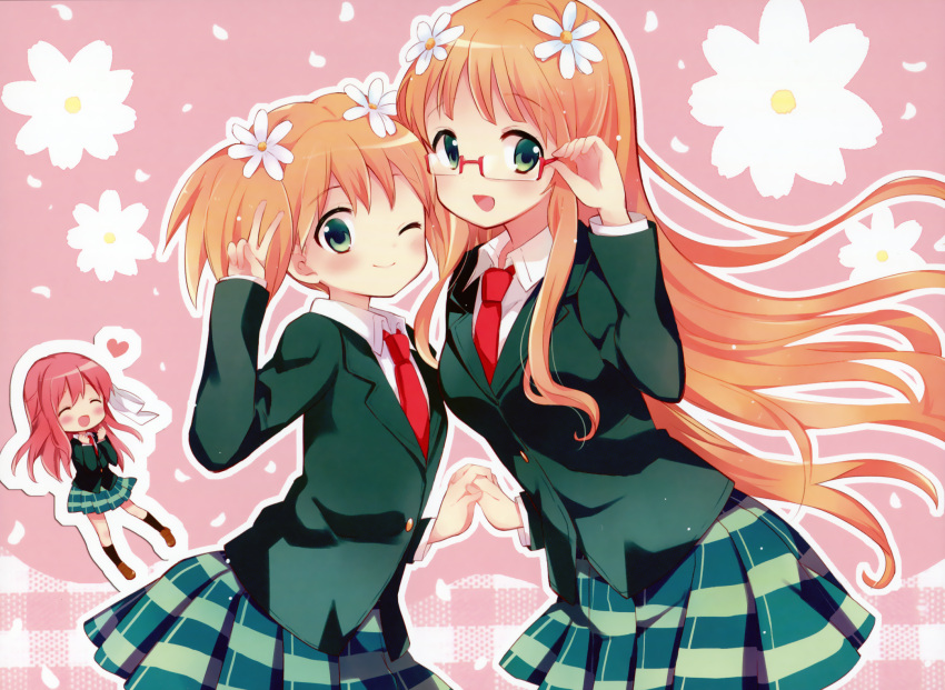 3girls :d ;d ^_^ black_legwear blazer blonde_hair blush brown_shoes clenched_hands closed_eyes closed_mouth collared_shirt floral_background flower glasses green_skirt hair_flower hair_ornament hair_ribbon hand_holding hara_yui head_tilt heart highres jacket kneehighs loafers long_hair long_sleeves looking_at_viewer minigirl multiple_girls necktie one_eye_closed open_mouth outline petals pink_background plaid plaid_skirt red-framed_eyewear red_necktie redhead ribbon sakura_trick school_uniform semi-rimless_glasses shirt shoes siblings silhouette sisters skirt smile sonoda_mitsuki sonoda_yuu spoken_heart takayama_haruka twintails under-rim_glasses v very_long_hair white_ribbon white_shirt wing_collar