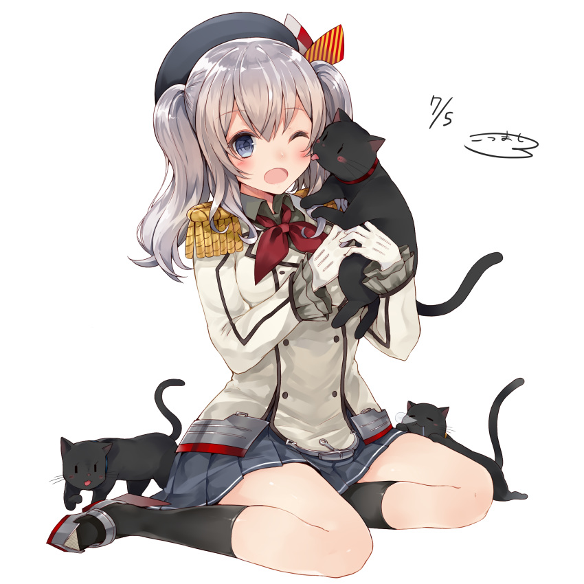 1girl ;d beret black_legwear black_shirt blue_skirt blush blush_stickers cat collar collared_shirt dated drooling epaulettes face_licking full_body gloves grey_hair hat headband highres holding_cat kantai_collection kashima_(kantai_collection) kneehighs kou_mashiro licking long_hair long_sleeves looking_at_another number one_eye_closed open_mouth pleated_skirt saliva shirt shoes signature simple_background sitting skirt sleeping smile tongue tongue_out twintails white_background white_gloves wing_collar |_|