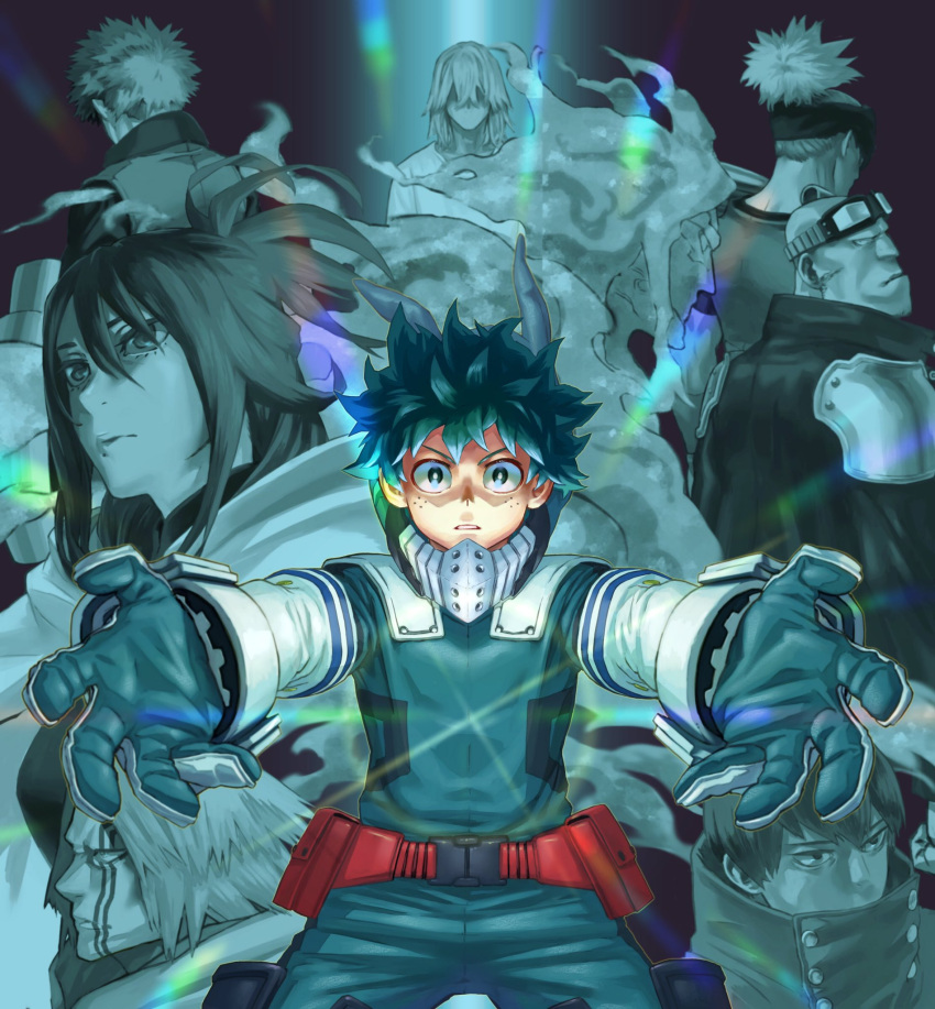 1girl 6+boys all_might armor back back_turned bald belt belt_pouch black_background boku_no_hero_academia bright_pupils cape elbow_gloves en_(boku_no_hero_academia) facial_mark freckles gloves goggles goggles_on_head green_eyes green_gloves green_hair green_theme hair_up highres lariat_(boku_no_hero_academia) long_hair midoriya_izuku mole mole_under_mouth multiple_boys outstretched_arms pouch shimura_nana shinomori_hikage shoulder_armor simple_background spiky_hair spoilers two-tone_gloves white_gloves yomoyama_yotabanashi