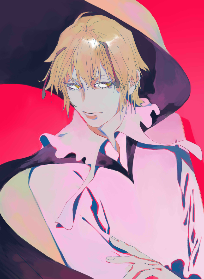 1boy antennae blonde_hair closed_mouth collared_shirt da_(artist) eyelashes half-closed_eyes hunter_x_hunter looking_away male_focus red_background shaiapouf simple_background solo upper_body yellow_eyes