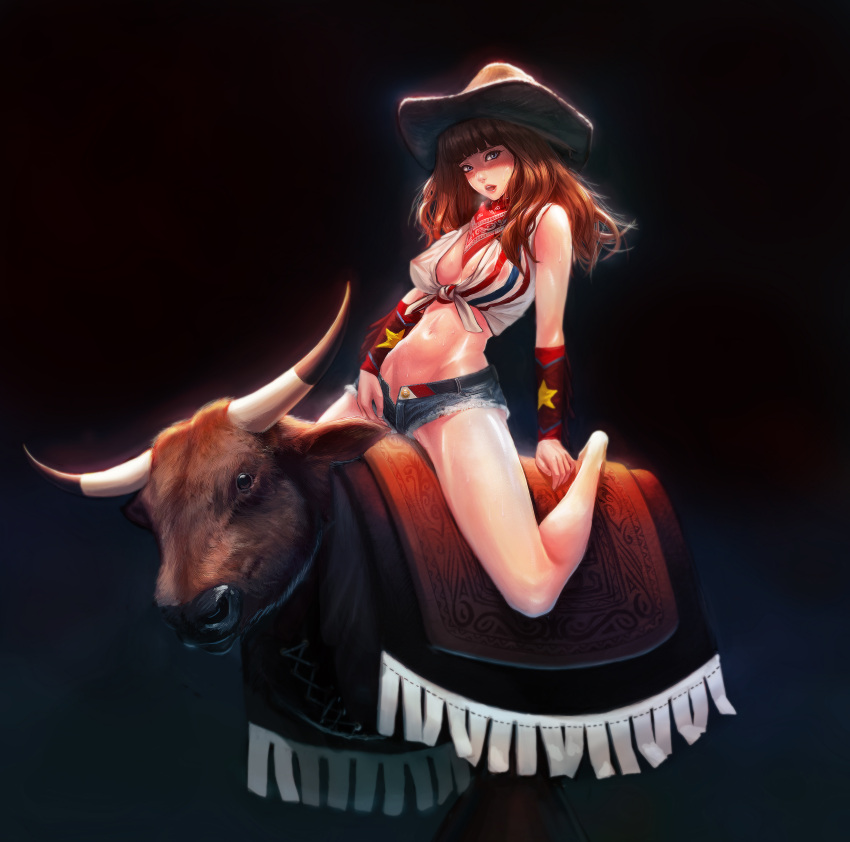 1girl absurdres arm_support arm_warmers bandanna barefoot blue_eyes blush breasts breath brown_hair bull cow_girl cowboy_hat denim denim_shorts erect_nipples front-tie_top full_body groin hat heavy_breathing highres horns jugon leaning_back long_hair looking_at_viewer medium_breasts midriff navel nipples open_fly open_mouth parted_lips sexually_suggestive shiny shiny_hair shiny_skin shirt short_shorts shorts sitting solo star star_print steam striped striped_shirt sweat tassel unbuttoned western