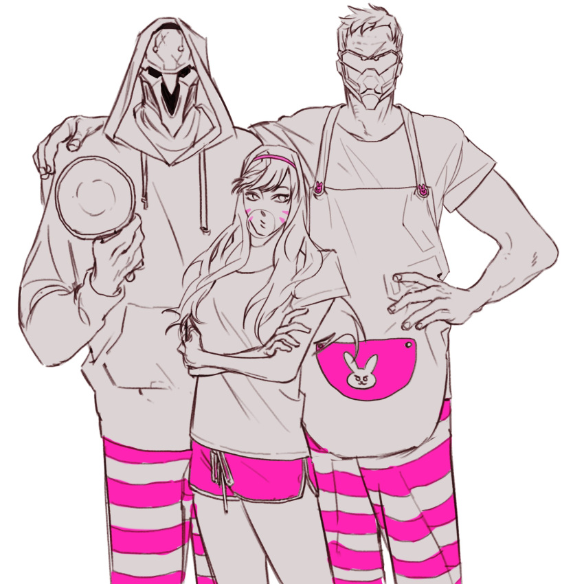 1girl 2boys apron bubble_blowing bubblegum bunny_print covered_mouth crossed_arms d.va_(overwatch) face_mask facepaint facial_mark gum hairband hand_on_another's_shoulder hand_on_hip highres hood hoodie long_hair long_sleeves looking_at_viewer mask monochrome multiple_boys overwatch pink_shorts pocket reaper_(overwatch) shorts simple_background skull_mask soldier:_76_(overwatch) spot_color striped visor whisker_markings white_background