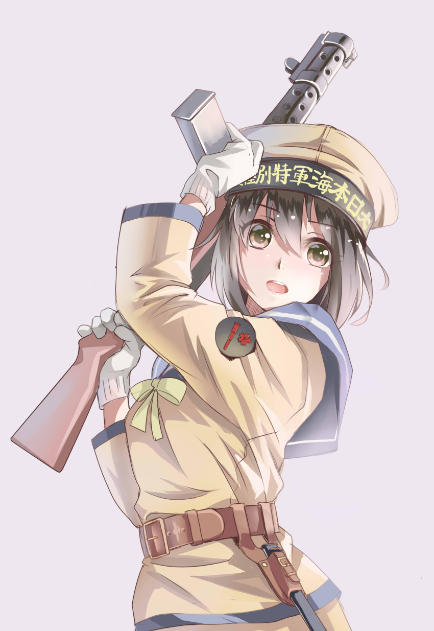 1girl absurdres assault_rifle belt black_hair brown_eyes buckle eyebrows eyebrows_visible_through_hair flower gloves gun hair_between_eyes hat highres holding holding_gun holding_weapon imperial_japanese_navy long_sleeves longmei_er_de_tuzi military military_hat military_uniform mp18 naval_uniform original peaked_cap ribbon rifle sailor_collar sailor_hat school_uniform serafuku short_hair simple_background soldier solo submachine_gun translated translation_request uniform weapon white_background white_gloves world_war_ii yellow_ribbon