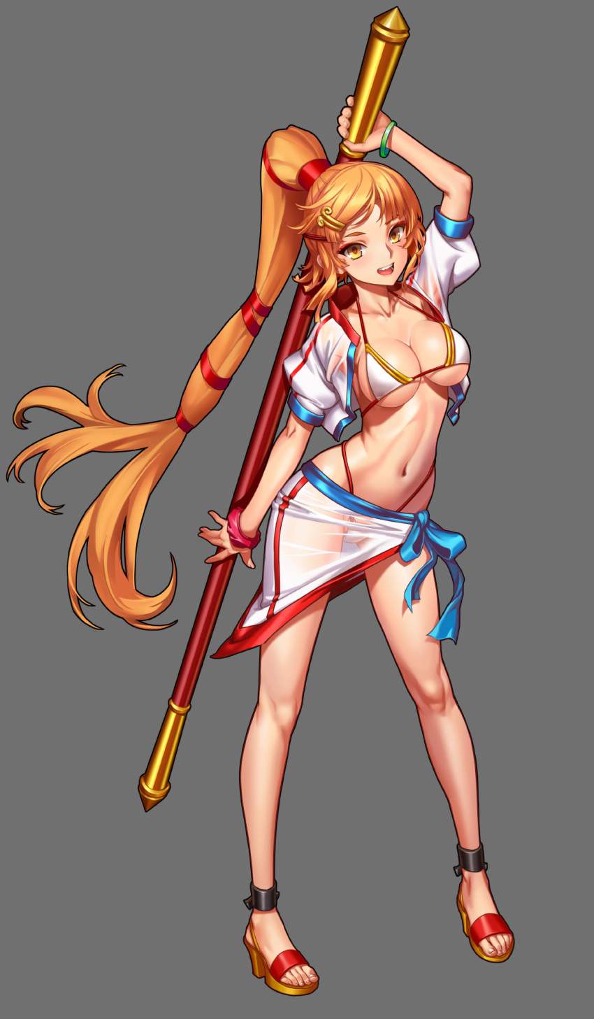 1girl arm_up as109 bikini blonde_hair breasts cleavage crop_top full_body high_heels highres jacket large_breasts long_hair looking_at_viewer navel open_clothes open_mouth open_shirt sangai_senki sarong see-through shirt sideboob simple_background smile solo staff sun_wukong swimsuit under_boob very_long_hair white_bikini wristband yellow_eyes