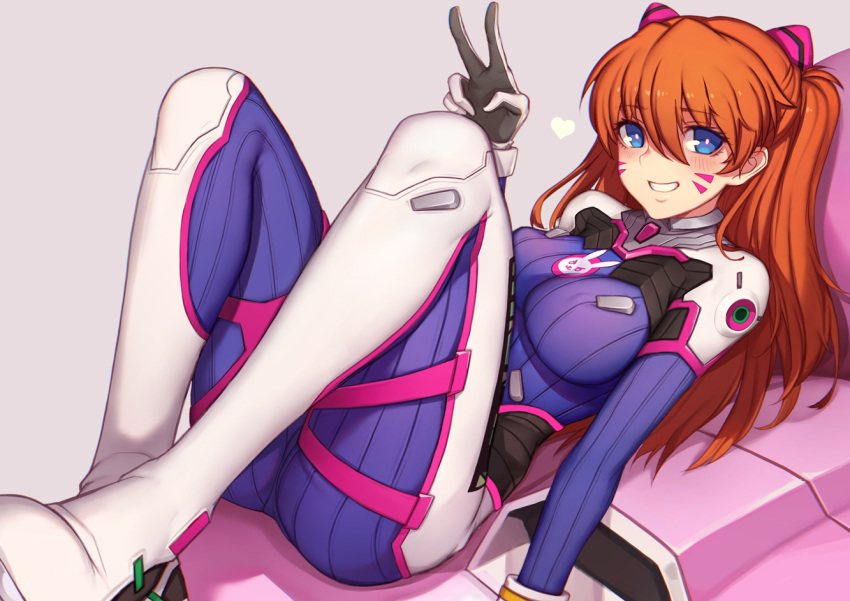 1girl blush bodysuit breasts cosplay d.va_(overwatch) d.va_(overwatch)_(cosplay) erect_nipples evan_yang facial_mark gloves long_hair medium_breasts neon_genesis_evangelion orange_hair overwatch pilot_suit plugsuit ribbed_bodysuit smile solo souryuu_asuka_langley test_plugsuit v whisker_markings