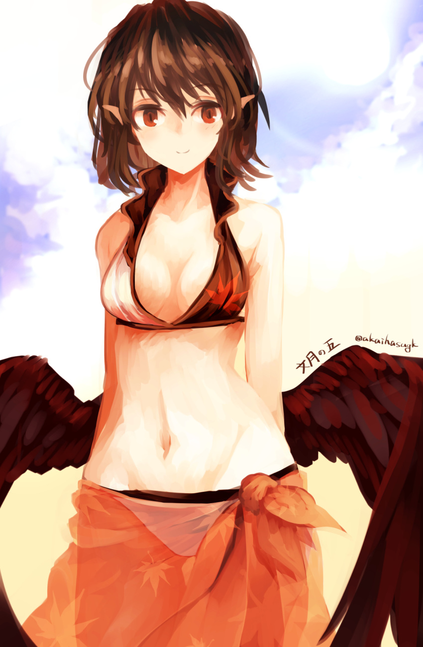 1girl akaiha_(akaihagusk) alternate_costume arms_at_sides bikini black_wings blue_sky breasts brown_hair clouds cowboy_shot day feathered_wings foreshortening highres hips leaf_print looking_at_viewer low_wings medium_breasts navel pointy_ears red_eyes sarong see-through shameimaru_aya short_hair sky smile solo stomach sunlight swimsuit thighs touhou twitter_username white_bikini_bottom wings