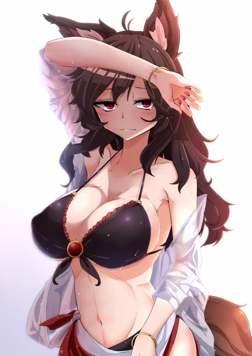 1girl animal_ears bikini black_bikini blouse bra breasts brooch brown_hair cleavage collarbone erect_nipples front-tie_bikini front-tie_top hand_on_forehead highres imaizumi_kagerou jewelry large_breasts long_hair looking_at_viewer messy_hair midriff navel open_blouse open_clothes red_eyes rihito_(usazukin) sarong see-through sideboob simple_background swimsuit tail touhou underwear upper_body wavy_hair wet wet_clothes white_blouse wolf_ears wolf_tail