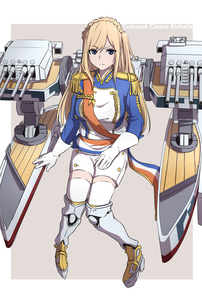 1girl absurdres aiguillette armor armored_boots bangs blonde_hair blue_eyes boots braid character_name crown_braid epaulettes french_braid french_flag gloves highres invisible_chair long_hair looking_at_viewer lulu_heika machinery military military_uniform one_side_up richelieu_(zhan_jian_shao_nyu) shorts sitting solo swept_bangs thigh-highs uniform white_legwear white_shorts zhan_jian_shao_nyu