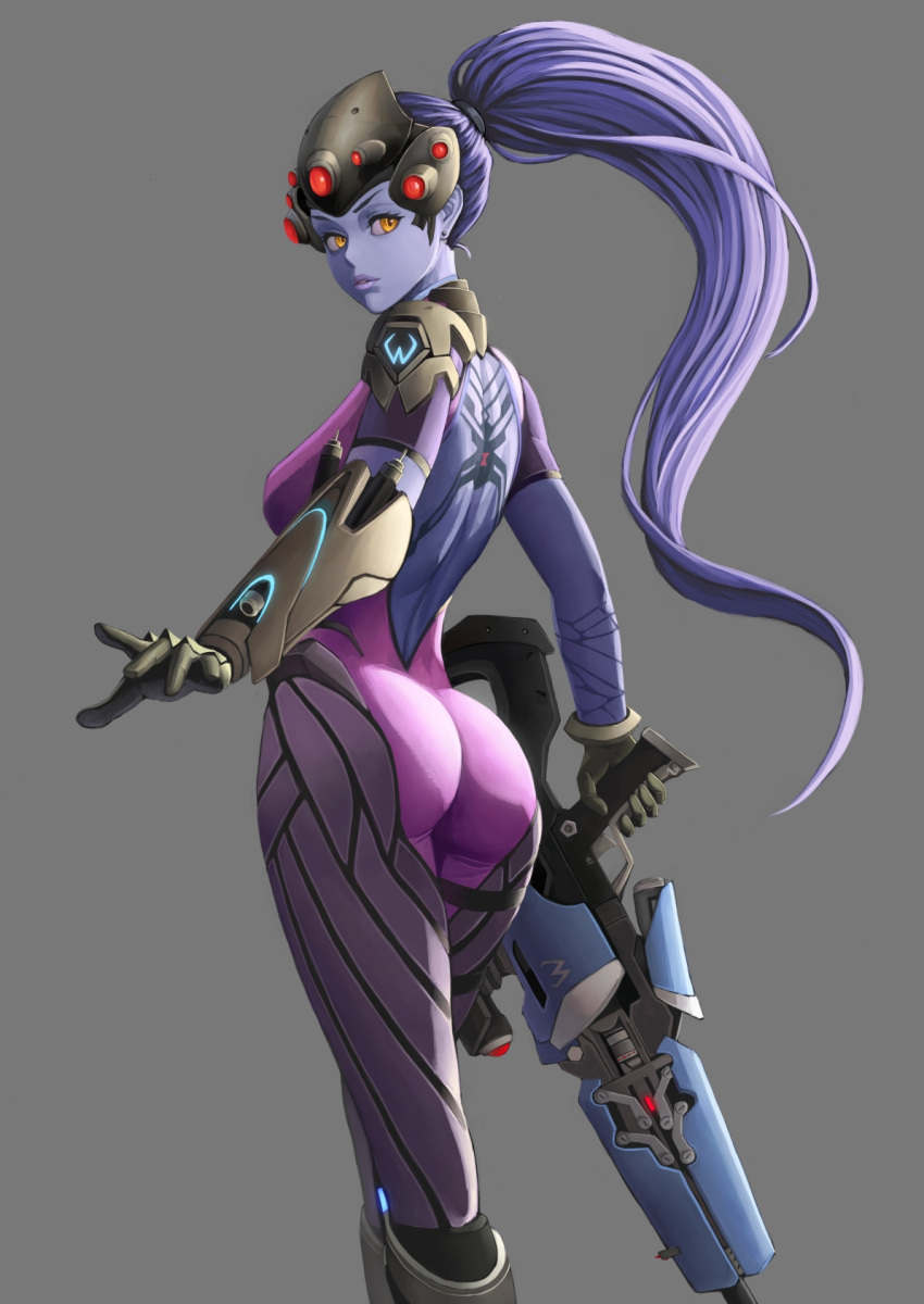 1girl ass back back_tattoo black_gloves bodysuit boots breasts cowboy_shot earrings from_behind gauntlets gloves grey_background gun hair_ornament hair_tie head_mounted_display highres holding holding_gun holding_weapon holster jewelry lips long_hair looking_back overwatch parted_lips pauldrons ponytail purple_hair purple_lips purple_skin rifle shoulder_pads simple_background sniper_rifle solo spider_print spider_tattoo standing stud_earrings tattoo taut_clothes thigh_holster very_long_hair visor weapon widowmaker_(overwatch) yamaneko_(tkdrumsco) yellow_eyes