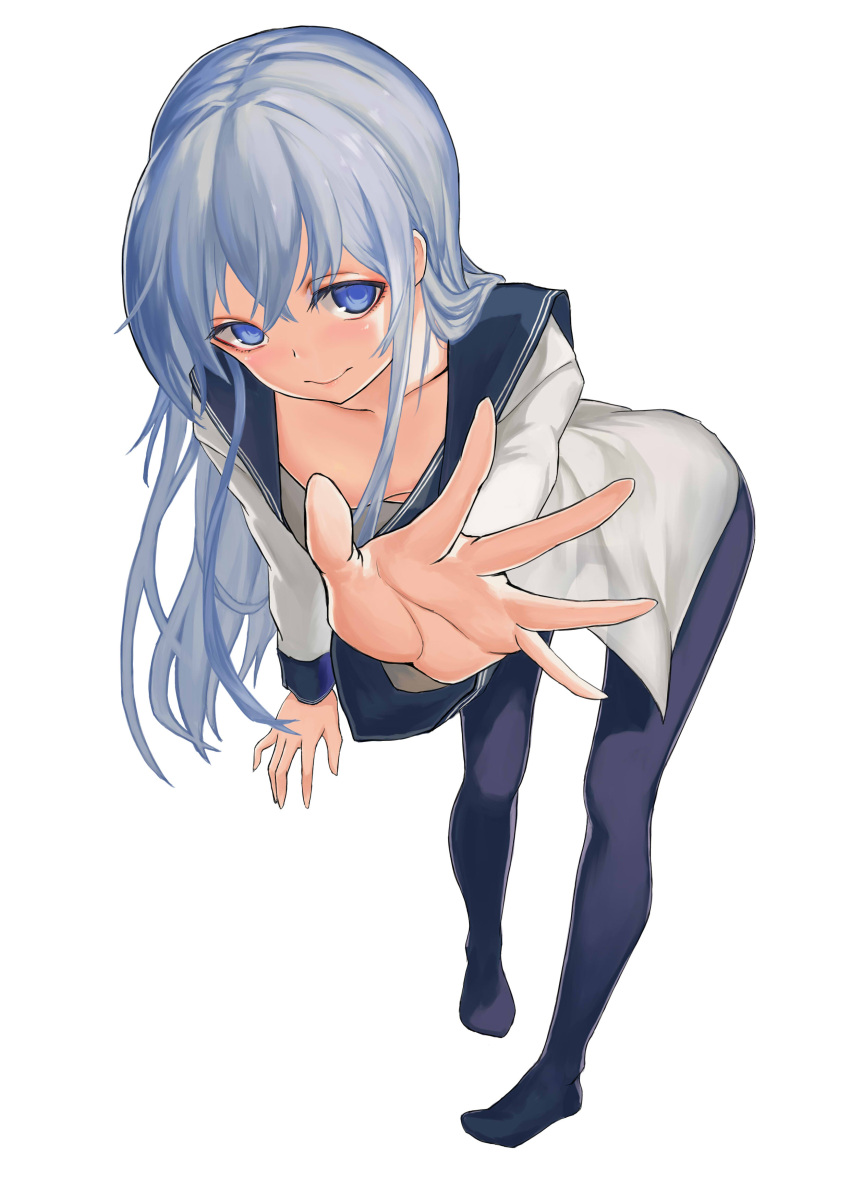 1girl absurdres arm_at_side bangs bending_forward bent_over black_legwear blue_eyes blush cleavage closed_mouth convenient_censoring covering downblouse eyelashes flat_chest full_body hibiki_(kantai_collection) highres kantai_collection legs_apart long_hair long_sleeves no_bra no_pants no_shoes open_clothes open_shirt outstretched_arm pantyhose pigeon-toed school_uniform see-through_silhouette serafuku shade shirt shou_xun_bu_liang silver_hair simple_background smile solo spread_fingers standing white_background