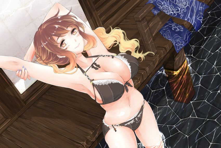 1girl alternate_costume alternate_hairstyle architecture arm_up armpits bare_arms bare_legs bikini black_bikini blonde_hair blue_towel breasts brown_hair caustics cleavage collarbone east_asian_architecture floral_print from_above gradient_hair highres hijiri_byakuren large_breasts light_brown_eyes light_brown_hair long_hair long_ponytail looking_at_viewer mayoln midriff multicolored_hair navel partially_submerged perspective ponytail porch shiny shiny_hair side-tie_bikini sideboob skindentation smile solo stomach stretch swimsuit thighs touhou towel two-tone_hair wading water wavy_hair wind wooden_floor yellow_eyes